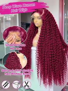 CEXXY 13x6 Chocolate Brown Wig With Deep Waves And A Net Front, Burgundy Wig With Deep Waves And A Net Front, Human Hair Wig For Women, Brazilian Human Hair Wig With Deep Curls, 13x6 HD Wig With A Transparent Net Front, Pre-Bleached Wig With A Baby Bun, Glue-Free Net Wig, Natural Hairline, Wig With A Center Or Side Part, Dyeable Human Hair Wig, 180% High-Density Wig With Long Curls, Dyeable And Restyleable. Chocolate Brown And Burgundy Women's Wigs. Brazilian Wig With Deep Waves And A Net Front. Human Hair. 13x6 HD Net Wig. For Everyday Wear, The Office, Parties, And Weddings. - S99J - 查看 3