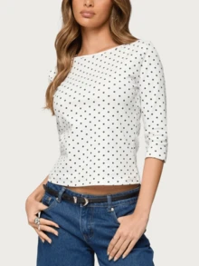 Women's Y2k Polka Dot 3/4 Sleeve Shirt Top Round Neck Slim Fit T Shirts Crop Tops Fall Spring Basic Going Out Tops Tee Party Club Daily Streetwear - Trắng - Xem 3