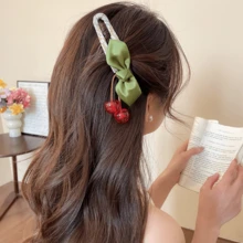 1个布艺蝴蝶结树脂樱桃吊坠简约时尚发夹（鸭嘴夹） - 彩色 - 查看 9