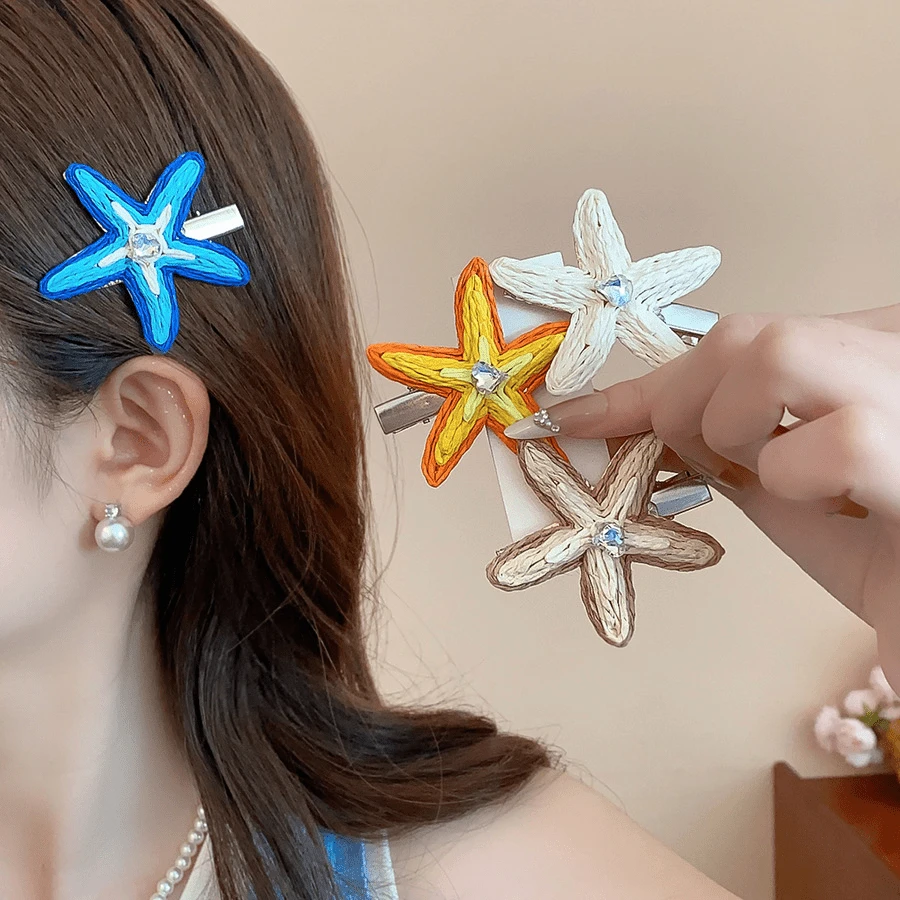 1pc Rhinestone Starfish Rattan Woven Hair Clip (Duck Clip) - Multicolor - View 1