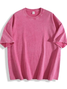 Vintage Washed Cotton Loose-Fit T-Shirt, Cute  Face And Heart Print, Women's Casual Street Style Short-Sleeve Top, Wrinkle-Resistant Washed Cotton T-Shirt - 玫紅色 - 查看 3