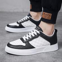 Tenis de hombre casuales con suela gruesa y plataforma estilo coreano, zapatos para hombre de moda urbana con cordones y textura de cuadros, calzado deportivo transpirable cómodo y ligero, sneakers versátiles de calle con diseño juvenil, calzado resistente al desgaste y antideslizante de uso diario. - Negro - Ver 5