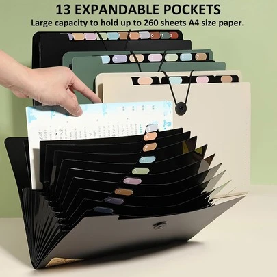 תיקיית קבצים מתרחבת, מארגן קבצים בסגנון אקורדיון עם 13 כיסים ו-12 תוויות, תיקיית קבצים מפלסטיק מתרחבת, תיקיית אחסון קבצים רב שכבתית פשוטה וניידת, תיק קבצים עסקי משרדי בקיבולת גדולה, מתאים למסמכים בגודל A4/Letter בבית הספר, במשרד, בבית (ירוק, שחור, בז', יחידה אחת)
