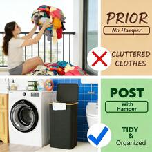 Laundry Hamper With Lid, 110L Large Tall Fabric Clothes Basket, Bamboo Frame & Handles Always Upright, Collapsible Dirty Laundry Bin With Detachable Rods, For Bedroom Bathroom Dorm RV Camping,Black - màu đen - Xem 5