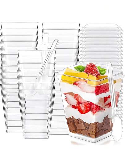 60pcs/20sets 5oz Plastic Dessert Cups With Lids, Yogurt/Appetizer Cups With Lids Suitable For Parties, Mini Dessert Cups With Spoons For Pudding, Fruit And Ice Cream, Wedding Supplies