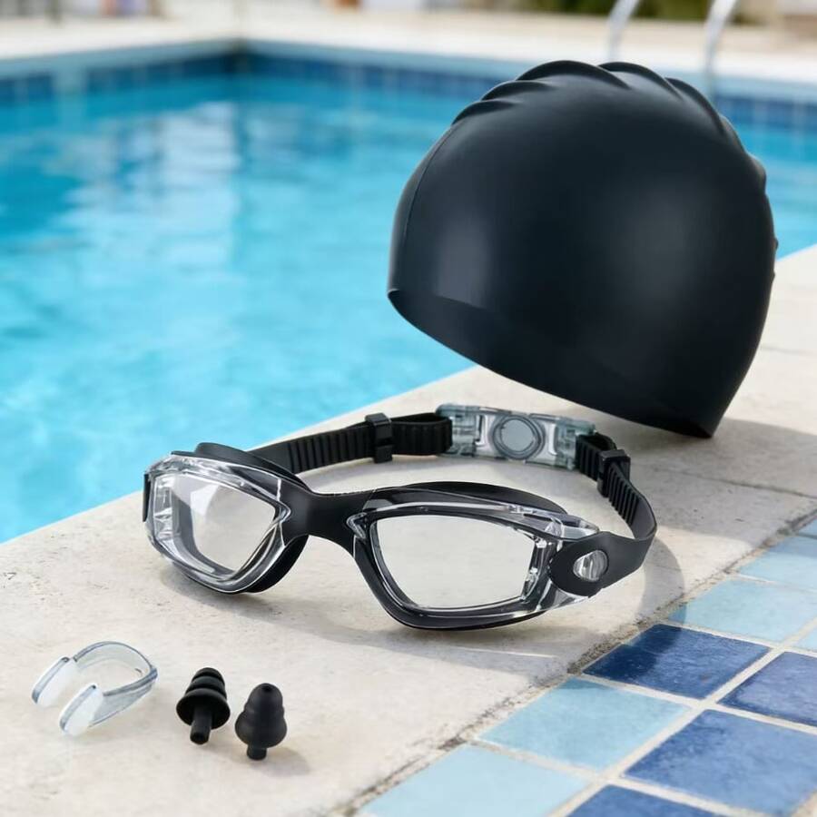 Waterproof Anti-Fog Swimming Goggles With Nose Clip, Ear Plugs And Swimming Cap, Unisex - Multicolor - View 1