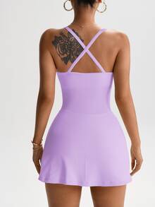 Tennis One-Piece Skirt Pants With Anti-Bareness Elasticated Skirt Hem, Cross-Shoulder Straps, Open Back, Yoga Wear For Women - Màu tím - Xem 4