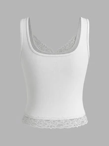 Women's Summer White Sexy Sweet Square Neck Contrast Lace V-Neck Sexy Sheer Sleeveless Fitted Casual Camisole - White - View 3