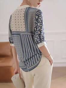 Camicia casual da vacanza estiva con stampa geometrica patchwork - Blu - Visualizzare 2