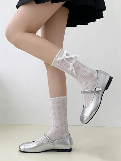 1/3 pares de calcetines de media caña con corazón hueco y lazo, estilo lolita, nuevos para primavera/verano