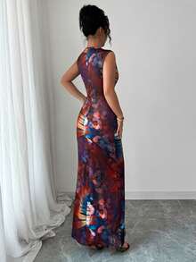 抽象印花修身半身裙，圆领无袖褶皱腰身修身连衣裙，度假风 - 彩色 - 查看 5