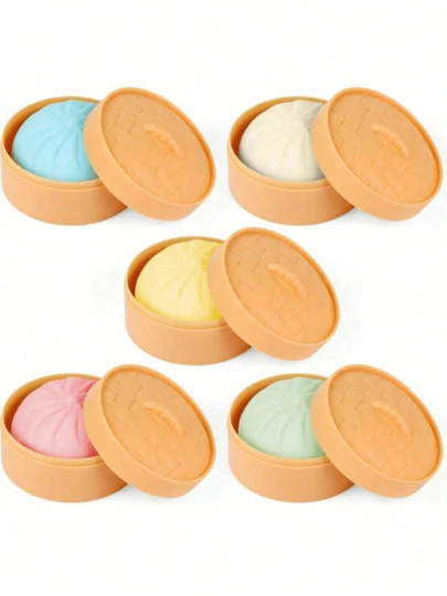 1个彩色饺子造型捏捏球，感官舒缓玩具，捏捏面团球减压手部玩具，带食物蒸笼的弹性桌面玩具，游戏和派对小礼物，适合作为礼品或派对用品