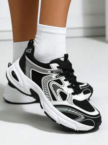 New Style Women's Casual Sports Shoes, Platform Sports Shoes, White Lace-Up Round-Toe Blended Material, Breathable, Versatile, Printed Graffiti, College Style, Suitable For Students, Outdoor Hiking, Casual Wear And Commuting. - 黑色 - 查看 1