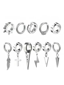 11件套朋克嘻哈夹式耳环，铆钉耳夹，羽毛吊坠耳夹，不锈钢无耳洞耳夹，男士款 - 耳夾 - 查看 2