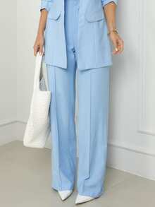 Women's Premium Double-Look Blazer And Pants Set - Baby Blue - View 4