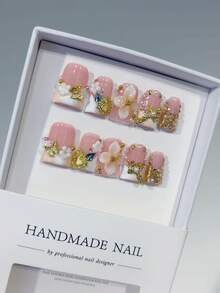 Mnails 10 PCS Handmade Duckbill Press-On Nails | Coquette Y2K Vibrant Pink-White Acrylic Nails, 3D Resin Flowers, Gold Butterfly & Sparkling Rhinestone Edgy Art (Tool Kit Included) - Nhiều màu - Xem 9