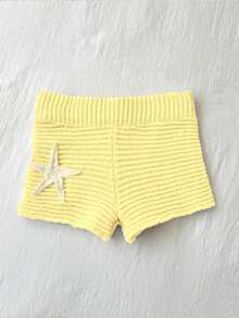 Women's Starfish Pattern Knit Shorts, Cute Knit Shorts Suitable For Summer Wear, Fashionable Women's Daily Knit Clothing - Yellow - View 9