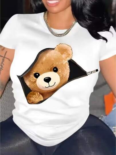 Cute Teddy Bear In Zipper Design Pattern Printed Top Casual T-Shirt Daily T-Shirt Vacation T-Shirt Sports T-Shirt Women's Clothing