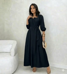 Mirella Long Dress • Winter Style • Square Neckline With Unique Front Opening And Buttons • 3/4 Puff Sleeves With Elastic • Adjustable Belt • Defined Waist • Flowing A-Line Silhouette - 黑色 - 查看 2
