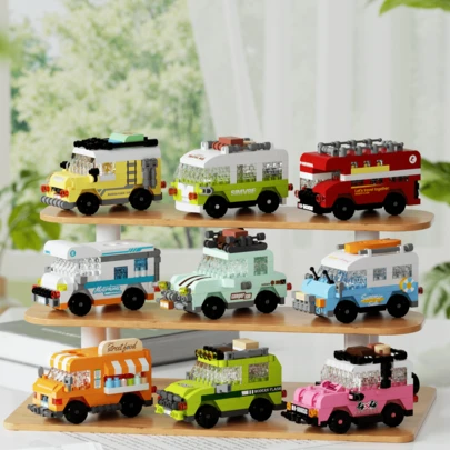 Lindo modelo de coche de dibujos animados, bloques de construcción de partículas pequeñas, juguete, decoración de escritorio DIY, adorno, regalo