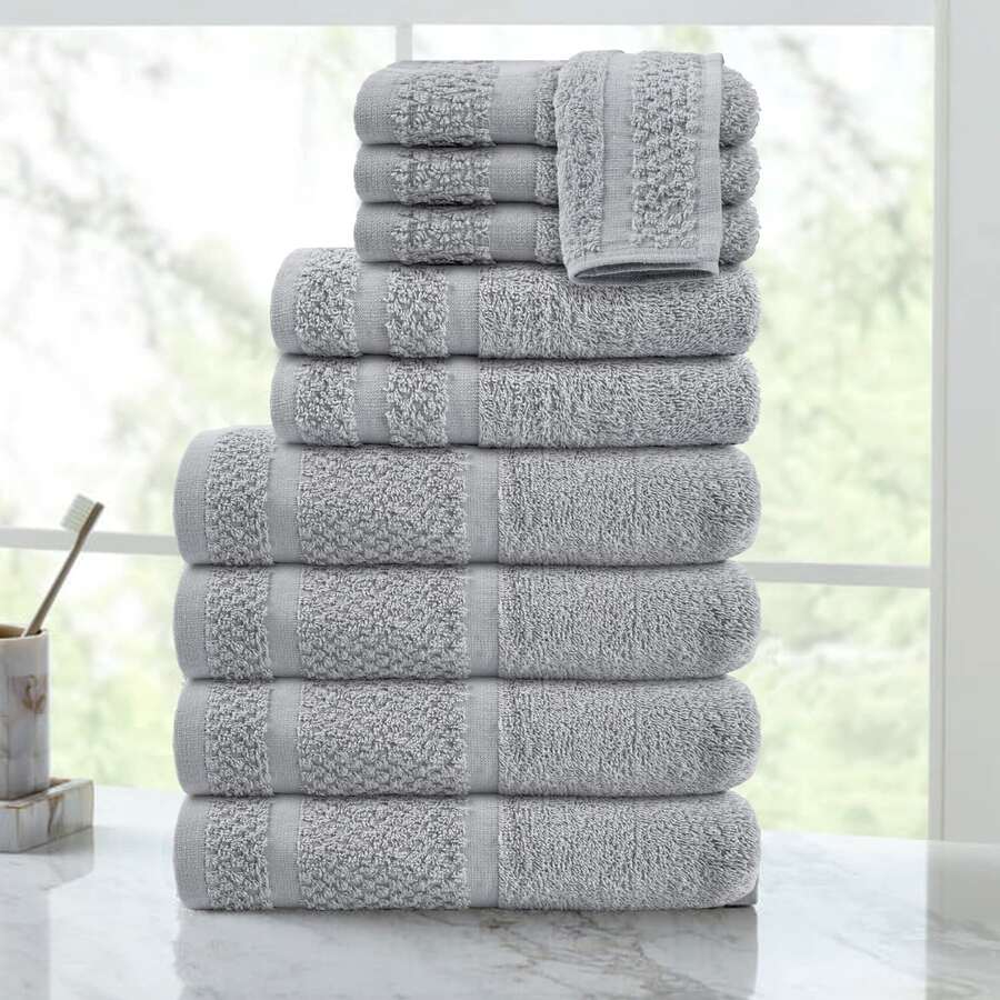 18/10 Piece 100% Cotton Towel Set - Contain Bath, Hand And Washcloths - Super Soft And Highly, Absorbent, Solid Towel Set For Bathroom, Hotels, Spa And Gym, Outdoor Sports, Golf Towel - Light Grey - View 1
