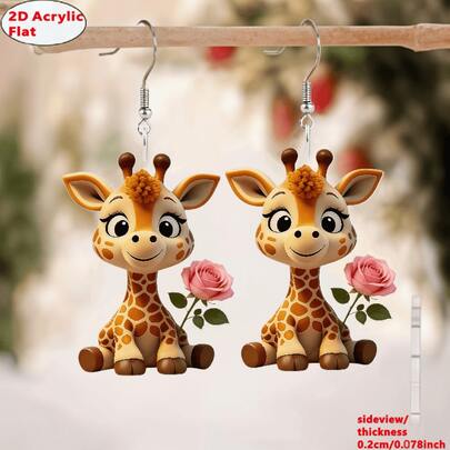 Cute Giraffe With Rose 2D Acrylic Earrings – Adorable Animal Floral Dangles For Women, Teens & Animal Lovers, Perfect For Daily Wear & Gift Giving