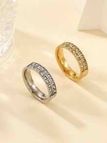 2pcs Stainless Steel Fashion Minimalist Gold-Tone Rings Set, Inlaid With White Rhinestones, Suitable For Women's Daily Wear Or Gift - Multicolor - View 6