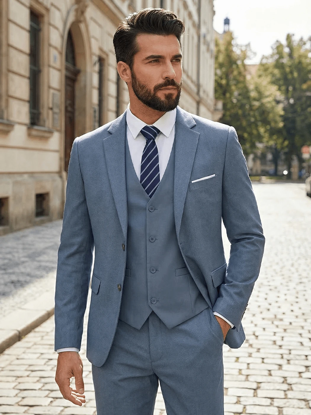 Bộ vest nam 4 món màu xanh hải quân dáng ôm, bao gồm áo blazer, áo gile, quần tây và cà vạt sọc xanh hải quân, trang phục công sở đa năng. - Màu xanh bụi bặm - Xem 1