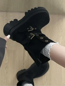 Damen Britischer Stil Leder Schnallen Motorradstiefel, Dicke Sohle Retro Wadenlange Stiefel erhöhen die Größe, schlanke Stiefel, Veloursleder Doppel-Trage Stiefel, geeignet für Pendler Outfits - Schwarz - Übersicht 5