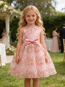 Young Girl Flower Formal Dress With Embroidery & 3d Butterfly Decor, Tulle Puffy, Suitable For Weddings And Parties - Pink - View 2
