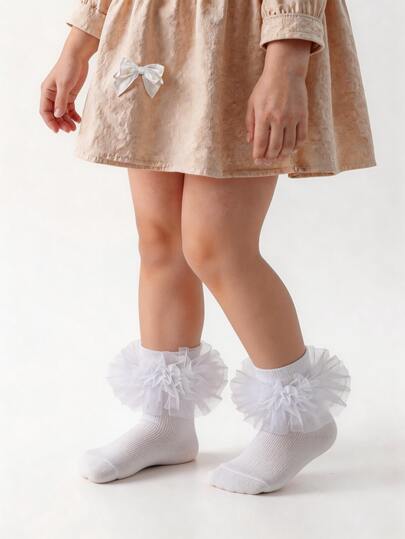 2 Pairs Baby Girls' Ruched Princess Socks, Fluffy Large Ruffle Design