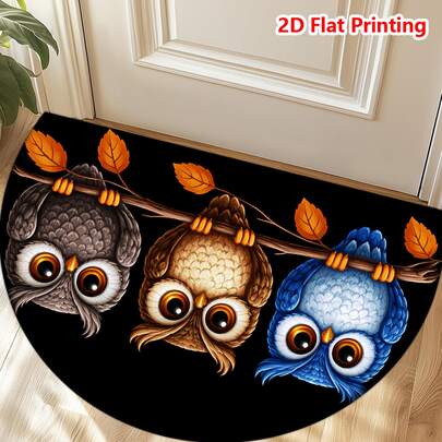 1 Pc Adorable Tricolor Owl Semicircular Floor Mat | Suitable For Multiple Scenarios Including Hallways, Bedrooms, Kitchens, And Laundry Rooms | Thickened Short-Pile Skin-Friendly Material, Non-Slip, Wear-Resistant, And Easy To Clean. The Black Base Is Paired With Brightly Colored Owls And Autumn Leaf Patterns, Creating A Lively And Warm Atmosphere, As If Bringing The Healing Feeling Of The Forest Into Your Home And Creating A Cozy And Lovely Home Ambiance.