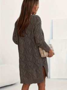 Women's Casual Long Sleeve Solid Color Hollow Out Knit Cardigan - Front Button Design Spring - Brown - View 3