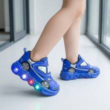 Tenis de niño Tenis de niña Zapatos para niña con luces LED brillantes Calzado deportivo con diseño animado de coche Zapatillas de deporte con cierre de  ajustable Suela de EVA ligera antideslizante y flexible Malla transpirable de alta calidad Cómodos y resistentes al desgaste Estilo moderno informal y fashion Amortiguación suave para caminar y jugar Calzado infantil para uso diario casual - Azul - Ver 2