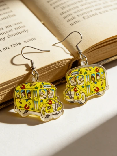 2D School Bus Pendant Earrings, Cute Creative Accessory, Campus Style Earrings, Flat Acrylic Material, Suitable For Back To School, Graduation, Teacher's Day Gifts, Daily And Party Wear