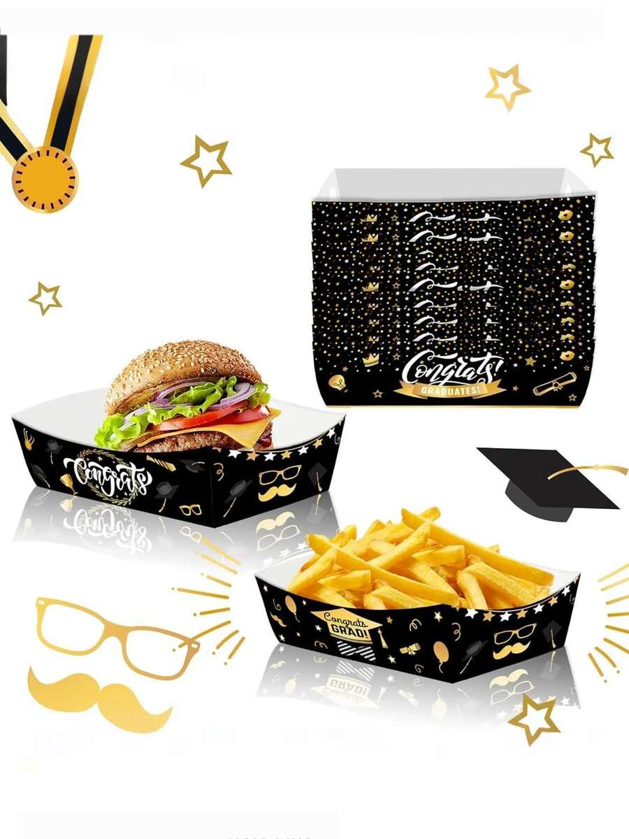 Schwarze & Goldene Einweg-Pappteller im Abschlussthema, geeignet für Abschlussfeier Dekoration, unisex - Verschiedenfarbig - Übersicht 1