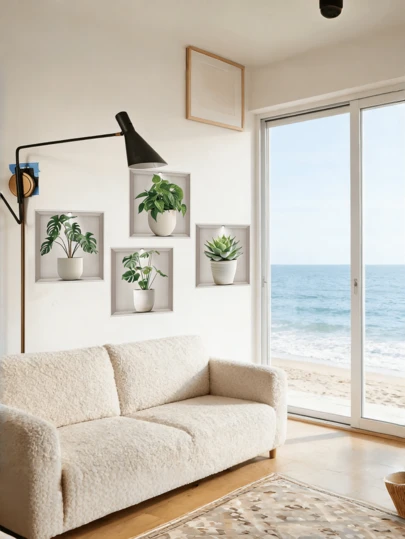 4pcs 2D Printed Green Plant Wall Stickers - 3D Succulent Plant Wall Decals, Suitable For Sofa Background, Bedroom, Living Room And Kitchen Decor, 2D Flat Design Style