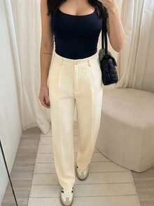 女士高腰阔腿裤，休闲优雅办公裤，纯色宽松直筒裤，柔软舒适休闲裤，春秋季时尚简约职场穿搭 - 杏色 - 查看 6