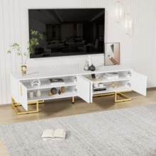 TV-bänk, lågt skåp med texturerad dörrpanel, TV-möbel, guldfärgade handtag och guldfärgade ben - Vitt - Visa 5