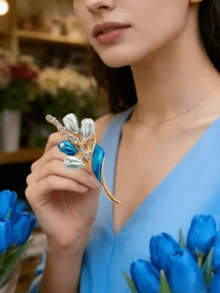 1枚优雅水晶胸针，奢华百搭别针，2026新款时尚服饰配饰 - 藍色 - 查看 1