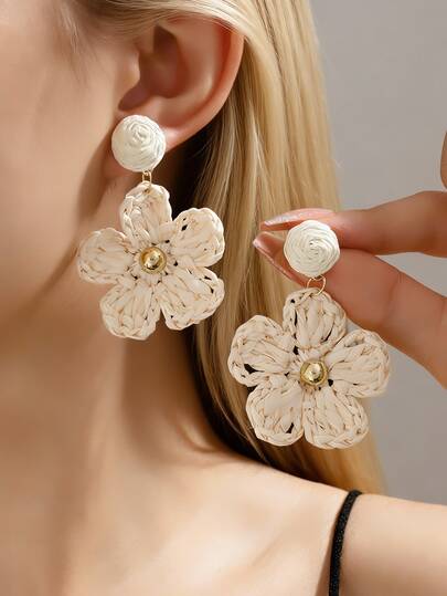 1对夏季海滩度假甜美风手工花朵耳环，女士海滩度假风时尚耳环