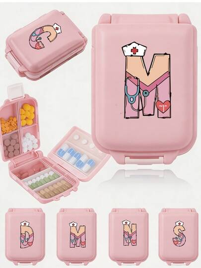 1pc Pink Portable Pillbox - A-Z Cute Pink Color Scheme And Nurse-Themed Letter Design | Moisture-Proof & Waterproof 8-Compartment Foldable 3-Layer Plastic Pill Organizer | Mini Pocket-Sized For Daily Travel/Vitamin/Tablet Organization | Perfect Gift For Family – Great Holiday/Christmas/Valentine's Day/Ramadan/Anniversary Gift & Back-To-School Essential