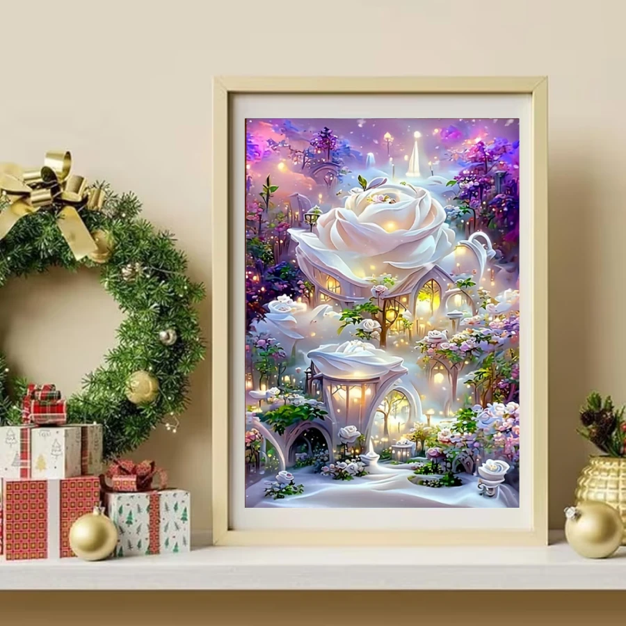 1件装梦幻白玫瑰城堡主题钻石画套装，5D圆形水晶钻石马赛克DIY工艺品，适合制作手工礼品，装饰客厅、卧室，也适用于圣诞节、复活节、情人节、宰牲节、父亲节、母亲节、婚礼季等场合，无框。