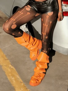 Women Mid Calf Boots Platform Heels Ruch Boots Knee High Fold Over Chunky Heel Short Booties Round Toe Wide Calf Pull-On Shark Boots Daily Party Y2K Dress Boots For Woman - Quả cam - Xem 2