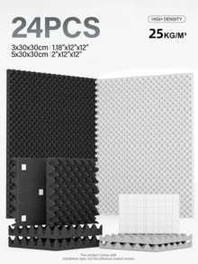 JIPO SPORT [24 miếng] Tấm xốp cách âm tự dính - 12x12x1.18/2 inch, Tấm xốp cách âm mật độ cao, Tấm trần phòng thu âm, Hấp thụ âm thanh, Giảm tiếng ồn, Khử tiếng vọng (Đen/Trắng/Xám/Tím) - Nhiều màu - Xem 2