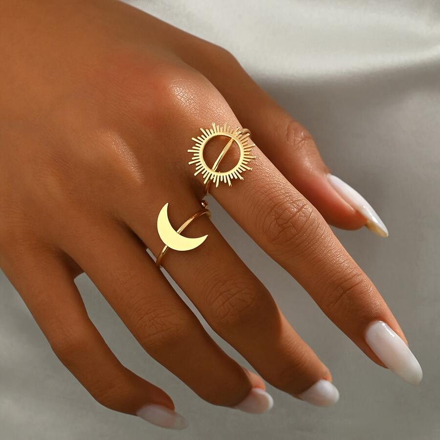 2pcs/Set Fashionable Delicate Elegant Minimalist Sun & Moon Design Open Ring Set, Suitable For Women's Daily Wear - Multicolor - View 1