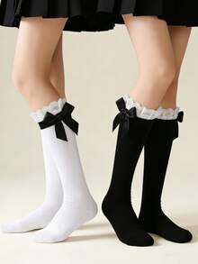 1/2 pares de calcetines altos hasta la rodilla blancos con volantes y lazo, estilo dulce y versátil, nueva llegada de primavera - Multicolor - Ver 11