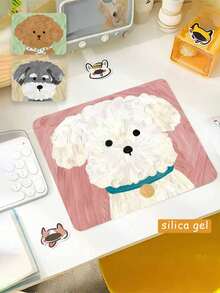 1pc Minimalist Dog Pattern Mini Mouse Pad, Cute Cartoon Oil Painting Style, Compact And Portable, Women Office Mouse Pad, Small Square Cartoon Pattern Soft Pad, Thickened Locked Edge Computer Desk Mat With Wrist Rest - View 3
