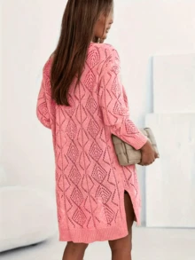Women's Casual Long Sleeve Solid Color Hollow Out Knit Cardigan - Front Button Design Pink Spring - Pink - View 3
