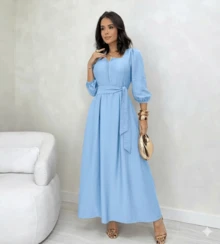 Mirella Long Dress • Winter Style • Square Neckline With Unique Front Opening And Buttons • 3/4 Puff Sleeves With Elastic • Adjustable Belt • Defined Waist • Flowing A-Line Silhouette - Baby Blue - View 2